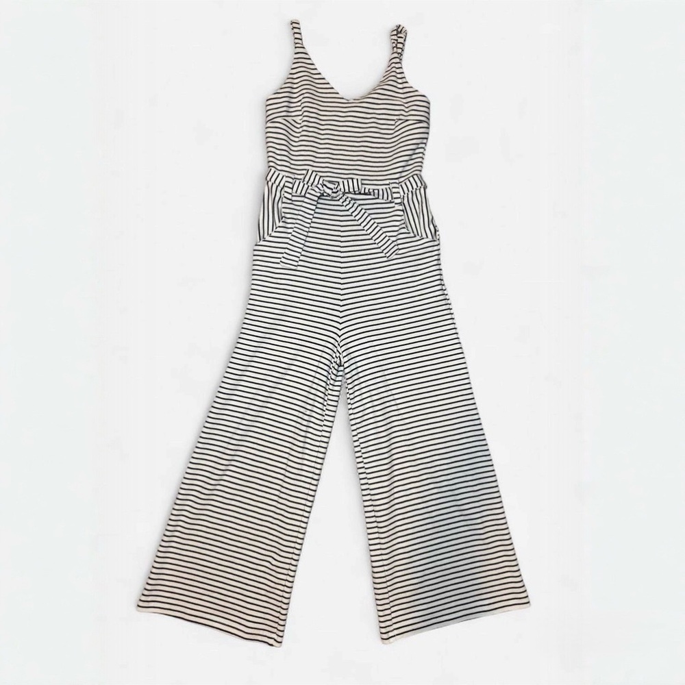 Cream and Navy Striped Jumpsuit with Tie Belt